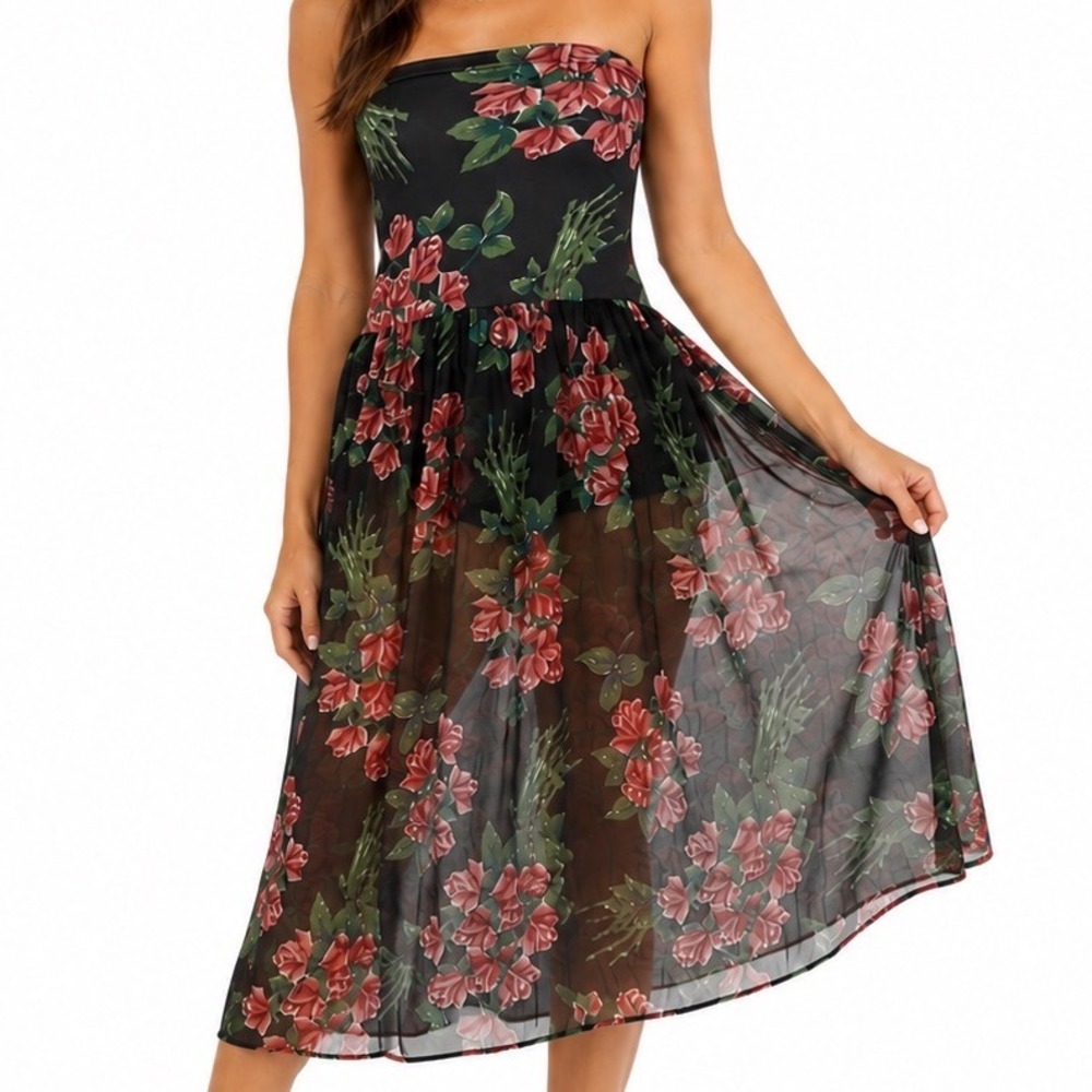 Free People Floral Strapless Midi Dress Black Pink Rose Drop Waist Women Large